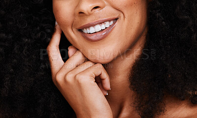 Buy stock photo Skincare, dental and teeth smile, healthcare and black woman with wellness, lips cosmetic and natural. Female model, beauty and white tooth, happy face with cosmetics, mouth hygiene and lips makeup