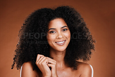 Buy stock photo Hair care, natural and black woman in portrait for salon, beauty and wellness with healthy glow in studio. Skincare, hair growth results and happy young model in headshot or face for self love luxury