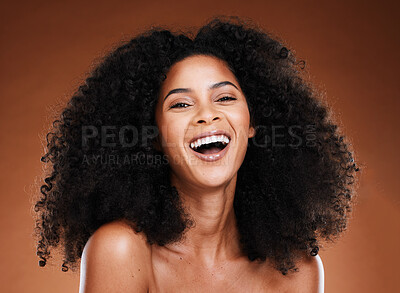 Buy stock photo Black woman afro, beauty and smile for skincare, makeup or cosmetics against a studio background. Portrait of African American female model smiling in happiness or satisfaction for perfect skin