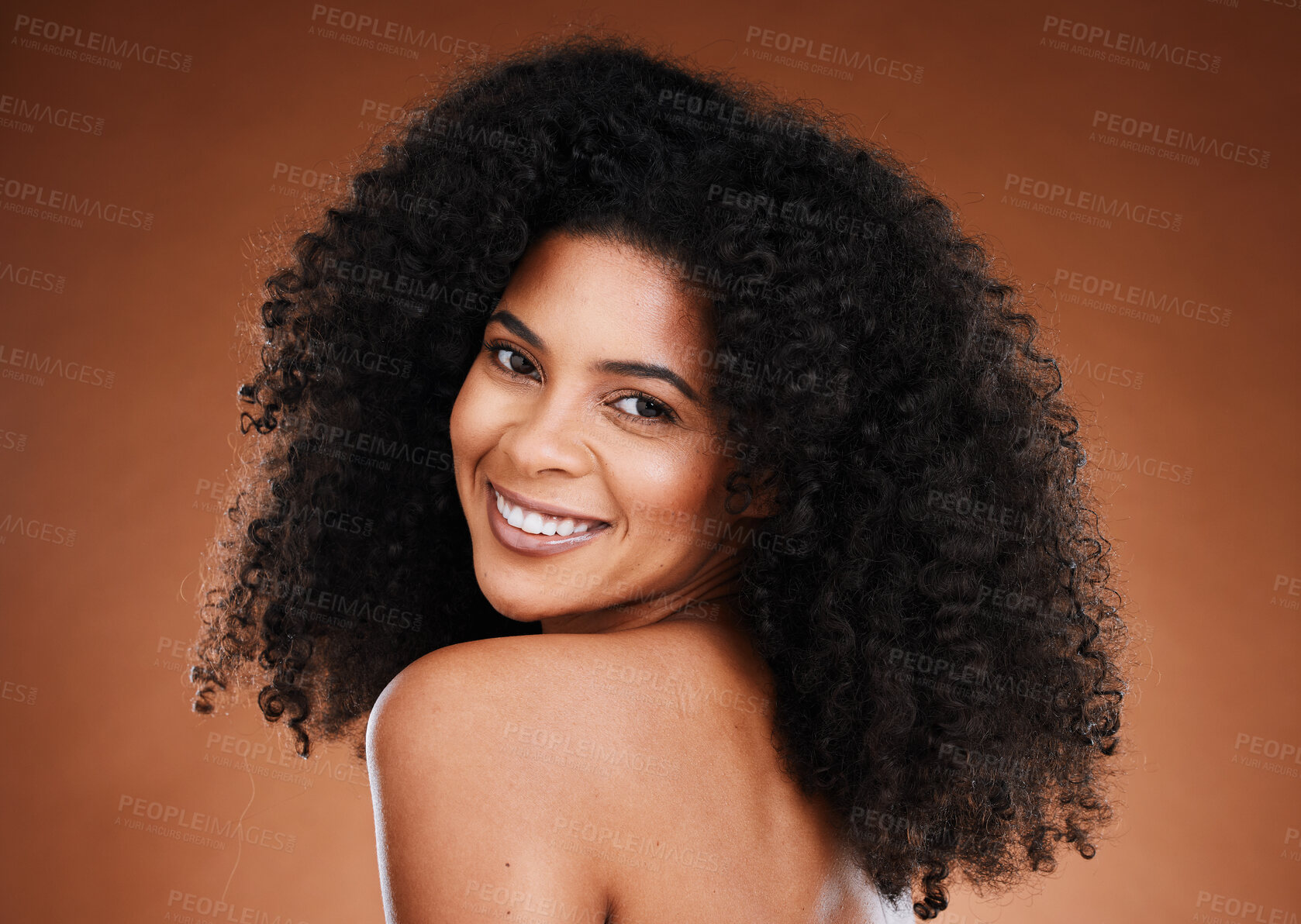 Buy stock photo Curly hair, black woman and natural skincare, portrait and beauty for makeup, confidence or facial cosmetics, aesthetic and wellness on studio background. Happy african model face, afro and happiness