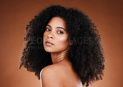 Buy stock photo Model, black woman and afro hair with beauty, makeup and wellness in aesthetic portrait for cosmetic self care. Woman, hair care and cosmetics face with natural curly hair against studio background