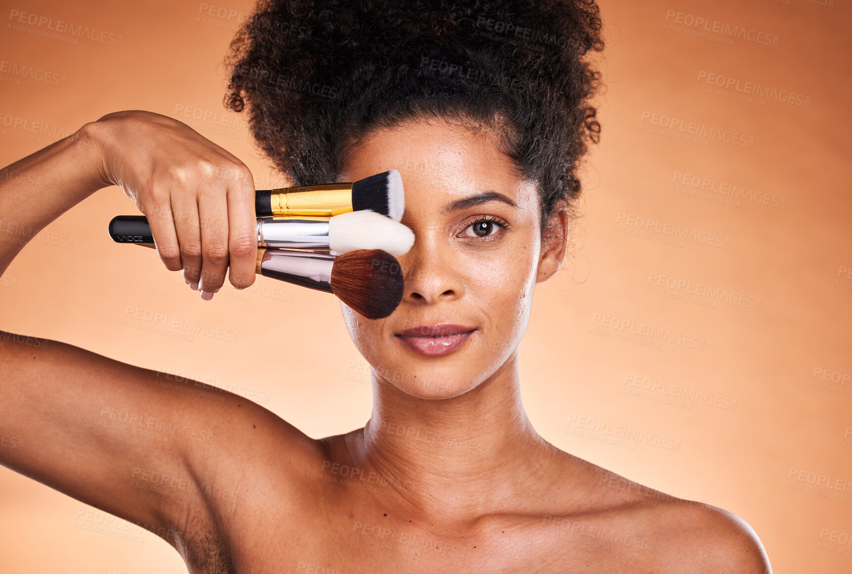 Buy stock photo Beauty, makeup and portrait of black woman with brush for cosmetics, foundation application and skincare. Wellness, healthcare and aesthetic face of model with designer product for facial routine