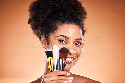 Buy stock photo Makeup, black woman and brush for wellness, product and salon cosmetics. Foundation, self care and luxury with smile portrait of face beauty of happy model for health, cosmetology or natural skincare