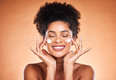 Buy stock photo Black woman, skincare and sunscreen lotion for wellness, health and happy smile. Mockup for natural beauty, cosmetic products and wellness cream of facial model for skin, cleaning and moisturizing