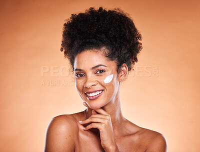 Buy stock photo Skincare cream, face product and black woman with dermatology creme for healthcare, acne or melasma prevention. Facial cosmetics, beauty treatment glow or portrait model with moisturizing skin lotion