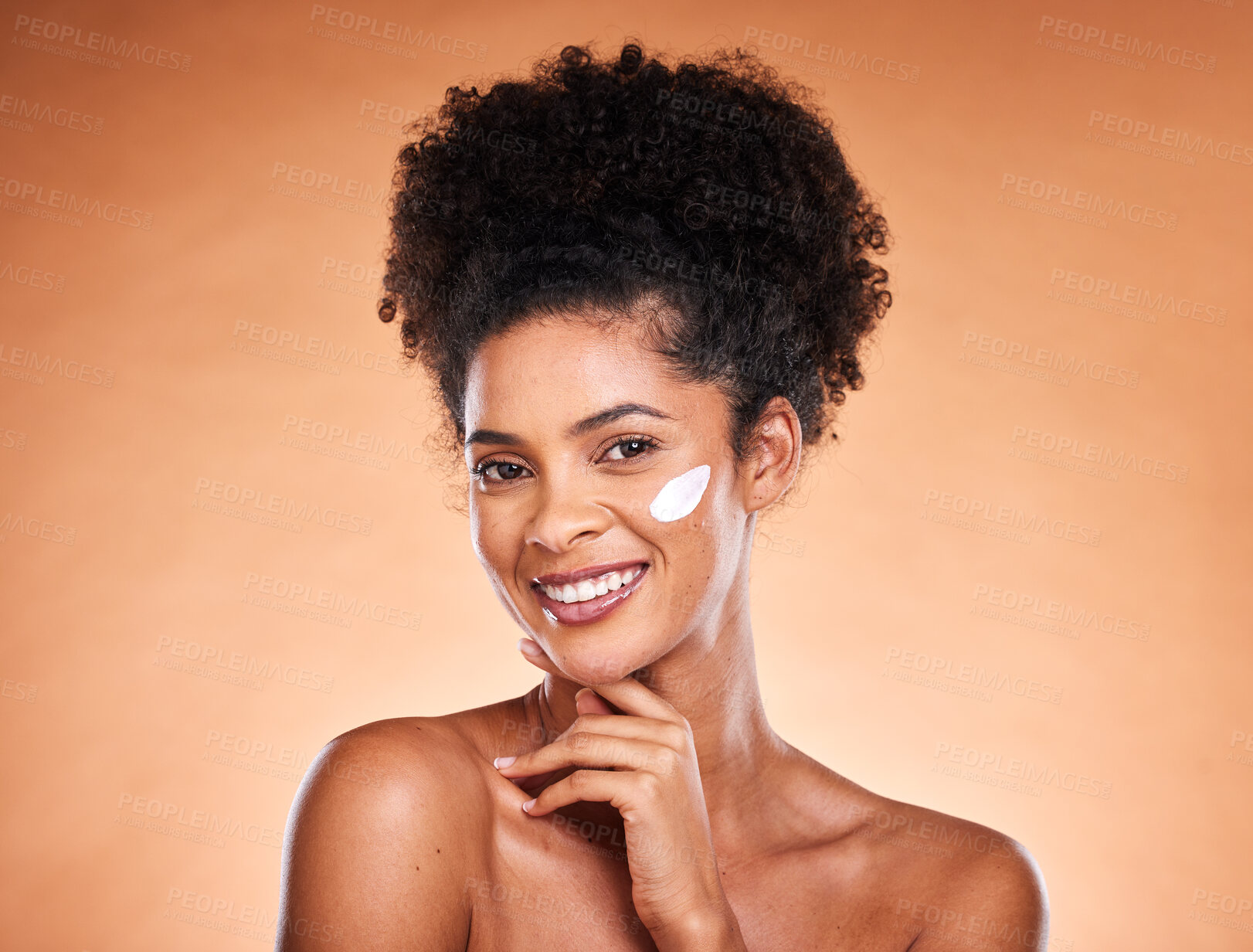 Buy stock photo Skincare cream, face product and black woman with dermatology creme for healthcare, acne or melasma prevention. Facial cosmetics, beauty treatment glow or portrait model with moisturizing skin lotion