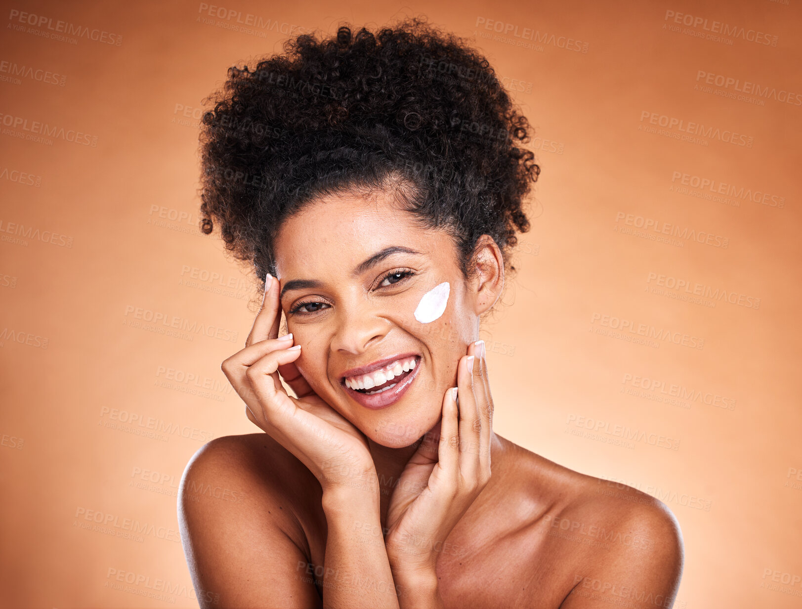 Buy stock photo Skincare, face and cream of black woman in studio for cosmetics, beauty and healthy glow with mockup for promotion, advertising or marketing. Young model portrait with sunscreen for dermatology care