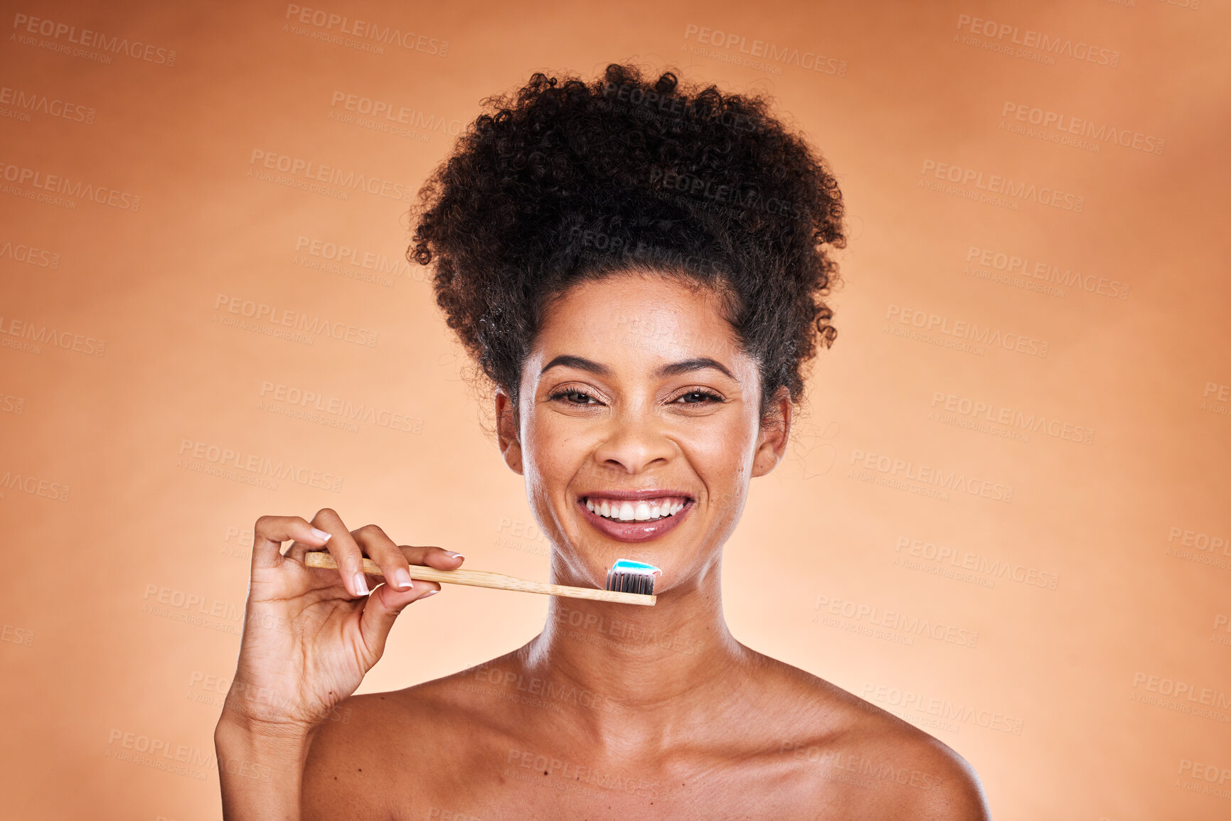Buy stock photo Black woman, portrait and toothbrush for cleaning, teeth and dental health or wellness on a brown studio background. Oral, health and brushing teeth with african american woman with oral hygiene