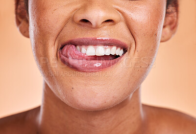 Buy stock photo Woman, mouth and smile with teeth for dental care, cosmetics or surgery against a studio background. Female smiling in satisfaction for medical tooth, oral or gum care wellness and treatment