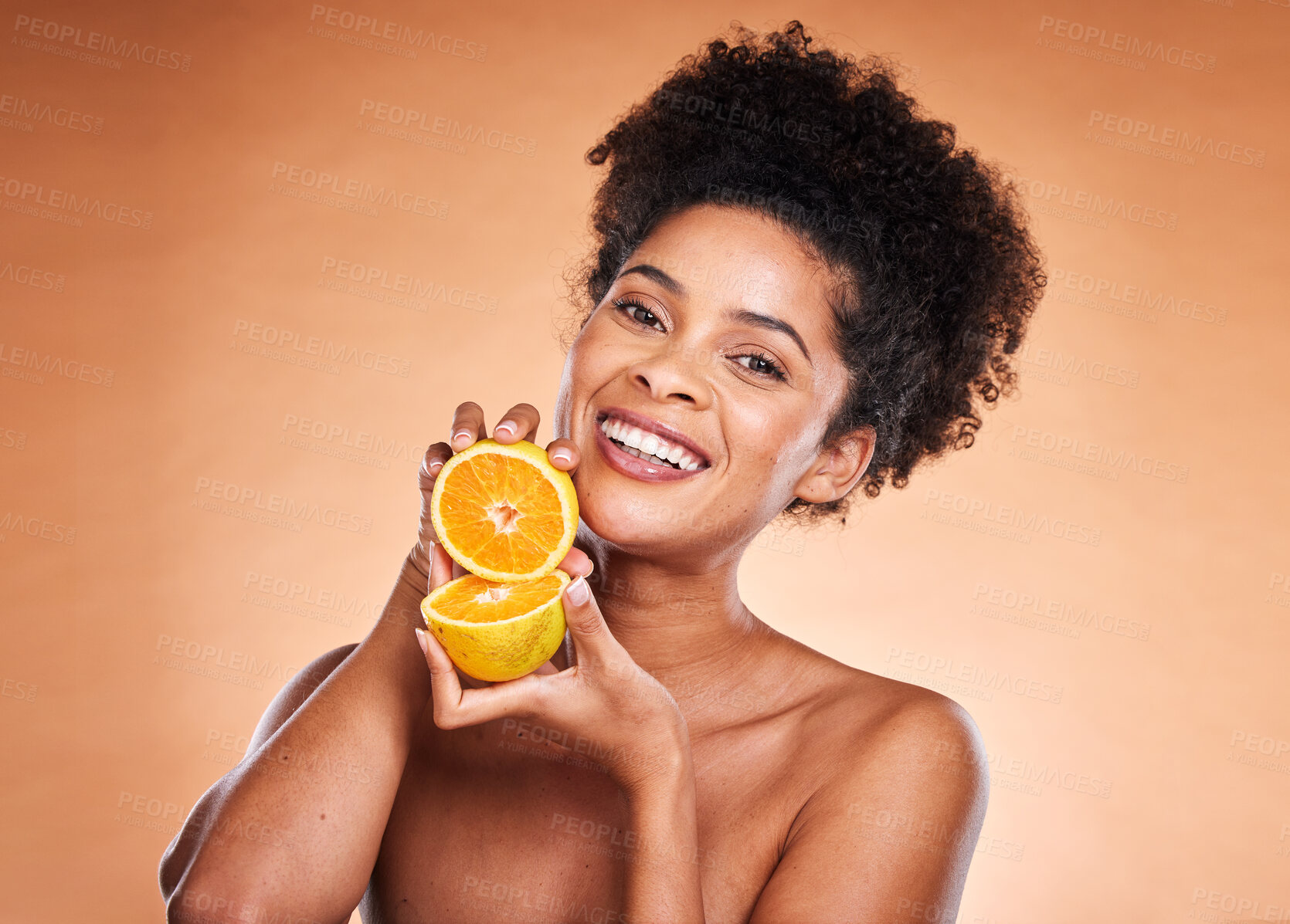 Buy stock photo Skincare, beauty and portrait of black woman with lemon on orange background in studio. Wellness, cosmetics and girl with fruit advertising natural, organic and healthy skincare products for spa