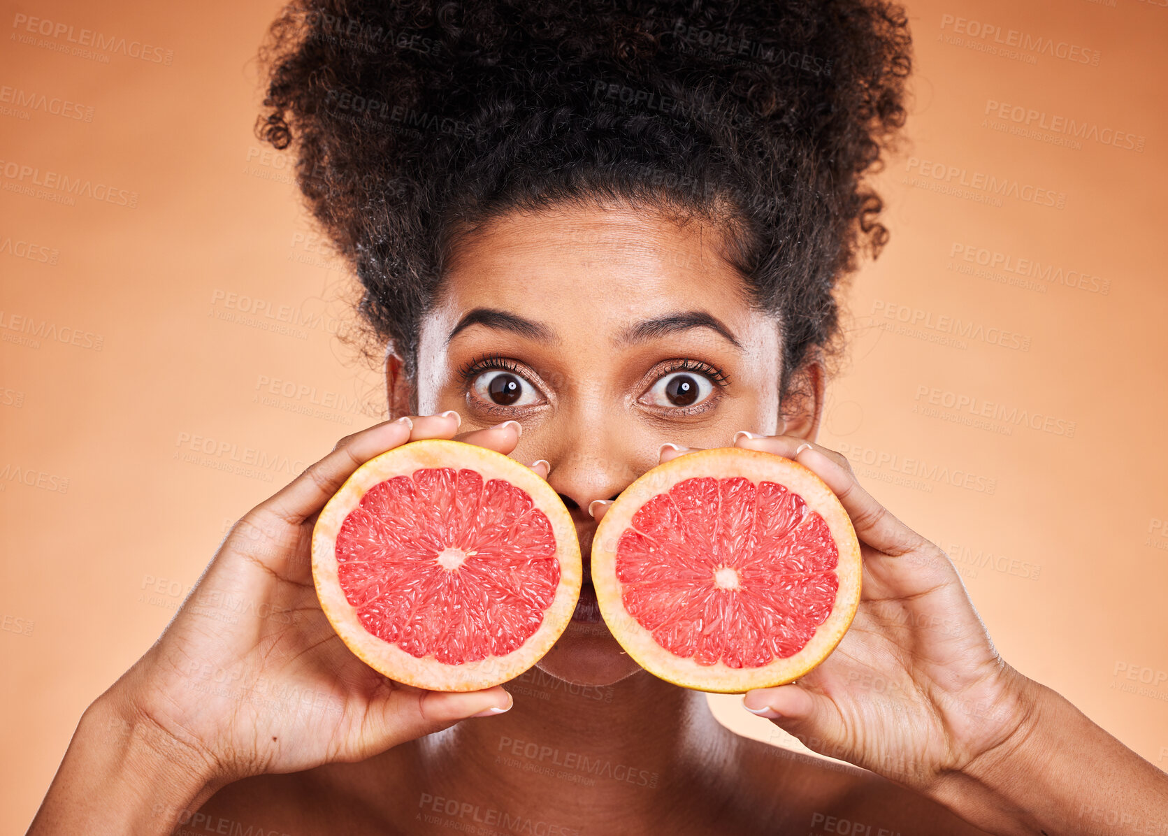 Buy stock photo Black woman, skincare and grapefruit cosmetic for skin with vitamin c treatment, facial citrus health and natural wellness. Wow surprise eyes, healthcare model and healthy diet nutrition advertising 