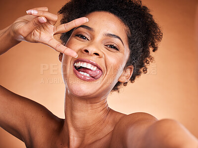 Buy stock photo Selfie, beauty and portrait of black woman with peace sign for luxury face skincare, healthy body care or wellness routine. Crazy photo expression, cosmetics makeup and model with emoji hands gesture