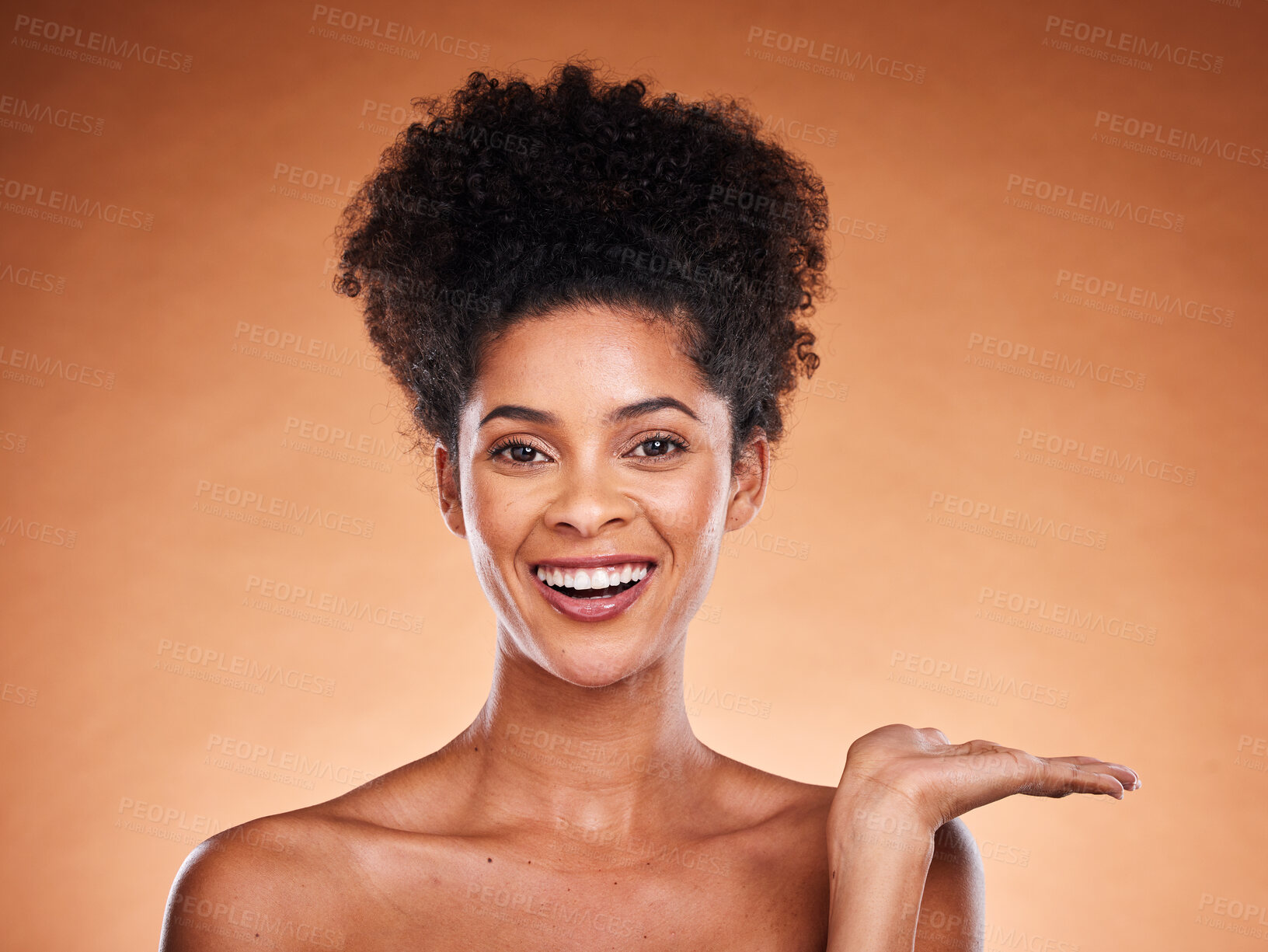 Buy stock photo Black woman, skincare and advertising mockup in studio portrait with glow, shine and beauty wellness. Happy model face and hand for product placement mock up marketing, advertising or promotion space