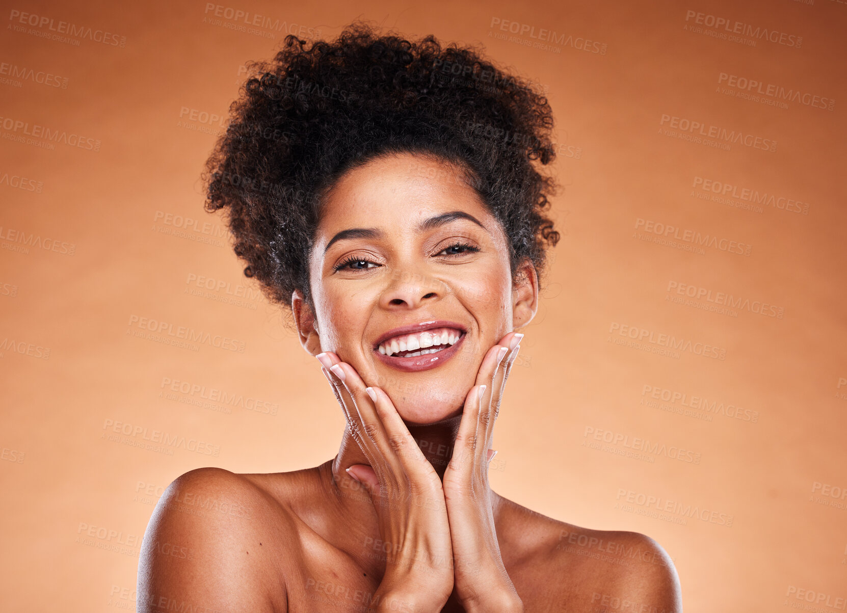 Buy stock photo Black woman, teeth and smile for skincare facial, cosmetics or makeup against studio background. Portrait of female model smiling in satisfaction for oral, mouth or dental hygiene in beauty treatment