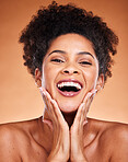 Black woman, beauty and satisfaction in joy for skincare, makeup or cosmetics against a studio background. Portrait of African American female with big smile in happiness for perfect skin treatment