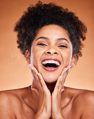 Buy stock photo Black woman, beauty and satisfaction in joy for skincare, makeup or cosmetics against a studio background. Portrait of African American female with big smile in happiness for perfect skin treatment
