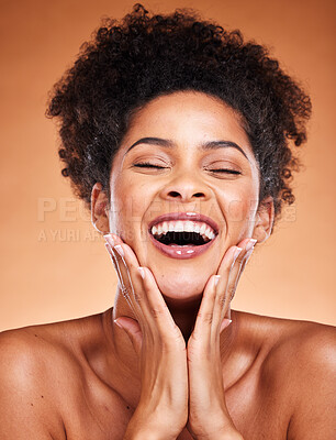 Buy stock photo Excited, skincare and beauty black woman in studio for makeup, cosmetics and facial wellness glow, shine and healthy skin promotion. Happy young model with skin care, dermatology or self love face