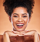 Face, beauty and skincare with a model black woman happy in studio on a beige background for wellness. Luxury, portrait and cosmetics with an attractive young female proud of her treatment routine