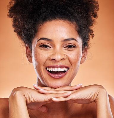 Buy stock photo Face, beauty and skincare with a model black woman happy in studio on a beige background for wellness. Luxury, portrait and cosmetics with an attractive young female proud of her treatment routine