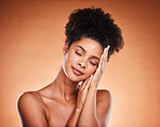 Peace, wellness and model for skincare beauty touching face for natural and healthy cosmetic marketing. Black woman, facial and body care health cosmetics advertising on orange studio mockup.