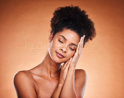 Buy stock photo Peace, wellness and model for skincare beauty touching face for natural and healthy cosmetic marketing. Black woman, facial and body care health cosmetics advertising on orange studio mockup.