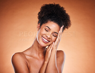 Buy stock photo Beauty skincare, self care and face of black woman with soft glowing skin, luxury facial care or satisfied with natural treatment. Makeup, dermatology and aesthetic model happy with self love routine