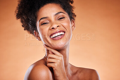 Buy stock photo Black woman, beauty and smile for skincare, makeup or cosmetics against a studio background. Portrait of African American female smiling in satisfaction for healthy cosmetic or facial treatment