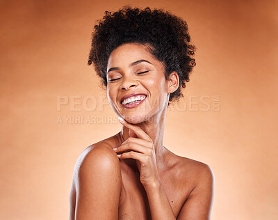 Buy stock photo Cosmetics, skincare and black woman with smile, natural beauty and with confidence on brown studio background. Makeup, female and girl with face detox, wellness and organic facial for smooth skin.