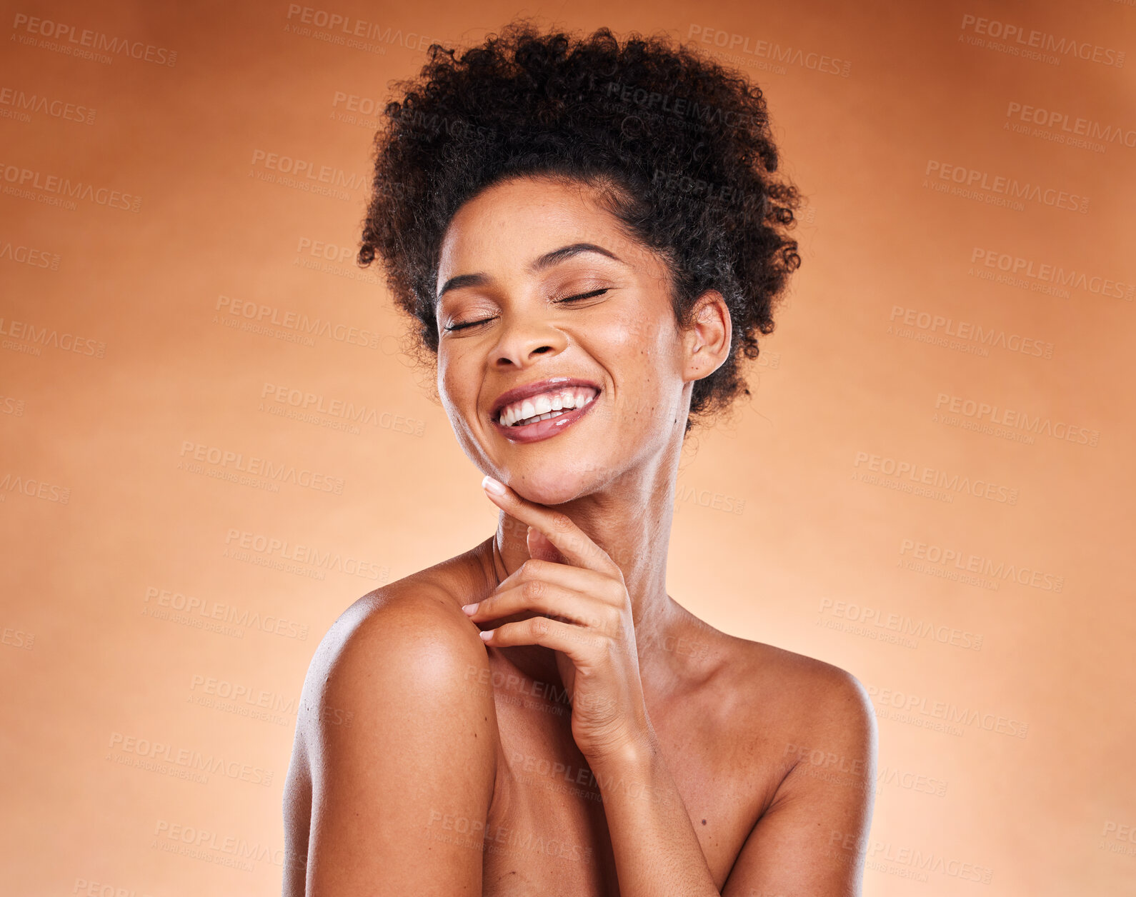 Buy stock photo Cosmetics, skincare and black woman with smile, natural beauty and with confidence on brown studio background. Makeup, female and girl with face detox, wellness and organic facial for smooth skin.