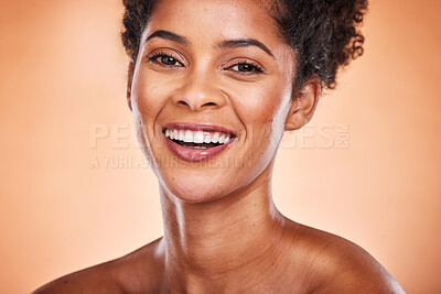 Buy stock photo Portrait, cosmetics and black woman with skincare, smile or healthy with natural beauty, confident and brown studio background. Makeup, girl and face glow for wellness, organic facial or smooth skin
