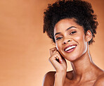 Beauty, skincare and mock up portrait of black woman with spa cosmetics, afro hair care and natural makeup. Luxury healthcare, skin glow and mockup face of model girl satisfied with facial treatment 