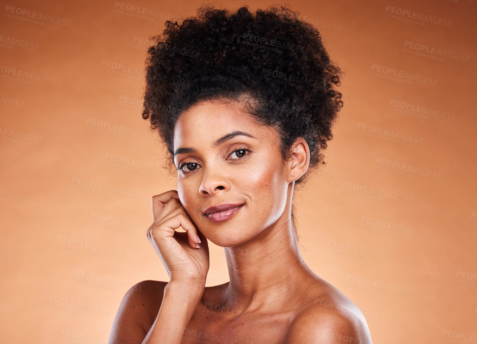 Buy stock photo Black woman, beauty and natural skincare, makeup and glowing skin, curly hair and facial cosmetics, wellness and confidence on studio background. Portrait of young african model, afro and body care 
