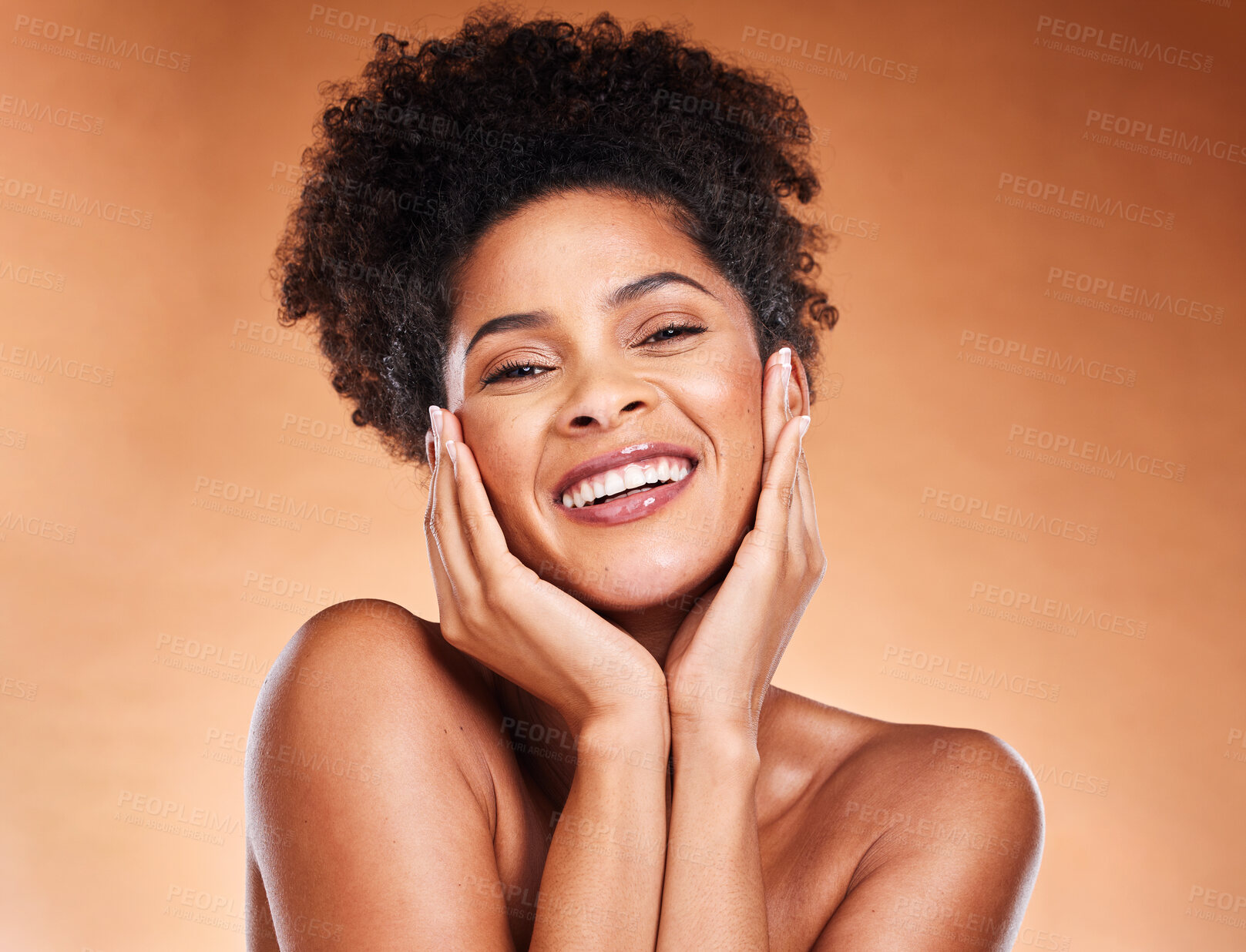 Buy stock photo Beauty, skincare and happy with portrait of black woman for spa, luxury and self care. Product, wellness and smile with face of girl model for cosmetics, health and clean with studio background