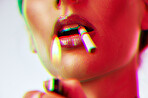 Beauty, cigarette and lighter with a woman smoking tobacco in studio with neon lights, makeup and mouth. Cosmetics, addiction and face of aesthetic model with flame to light and smoke mockup product