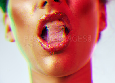Buy stock photo Woman, beauty and ice cube in mouth for makeup, cosmetics and neon lights background. Sexy woman with red lips in studio for fashion grunge aesthetic, frozen water and luxury for vaporwave mockup