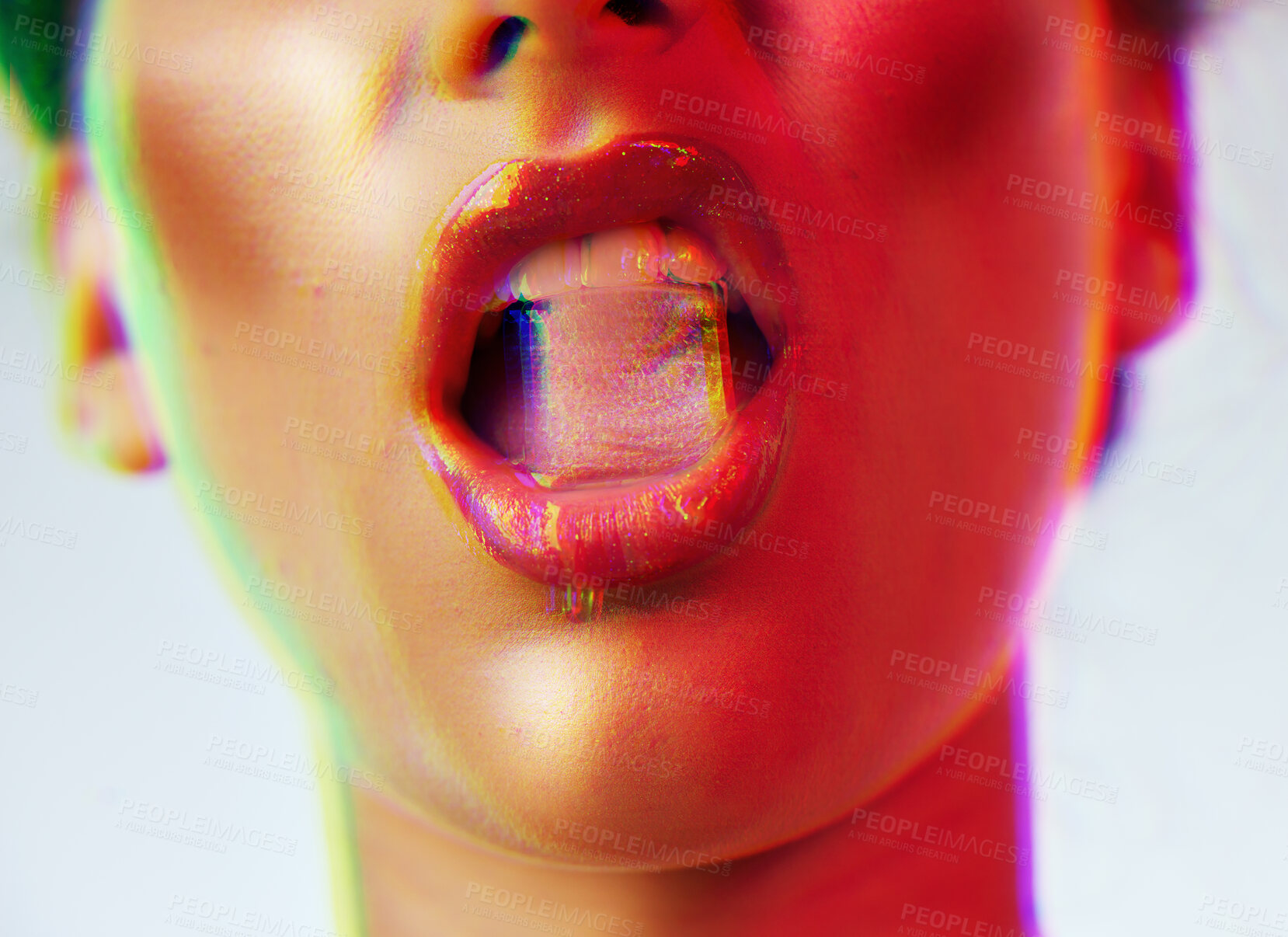 Buy stock photo Woman, beauty and ice cube in mouth for makeup, cosmetics and neon lights background. Sexy woman with red lips in studio for fashion grunge aesthetic, frozen water and luxury for vaporwave mockup
