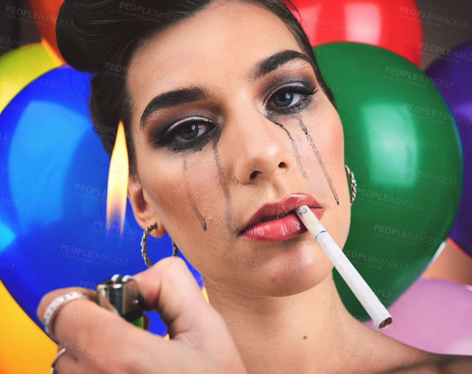 Buy stock photo Crying woman, cigarette and balloons with psychology, mental health and depression problem with lighter flame for smoking. Face of a female feeling sad, anxiety and stress at a party for broken heart