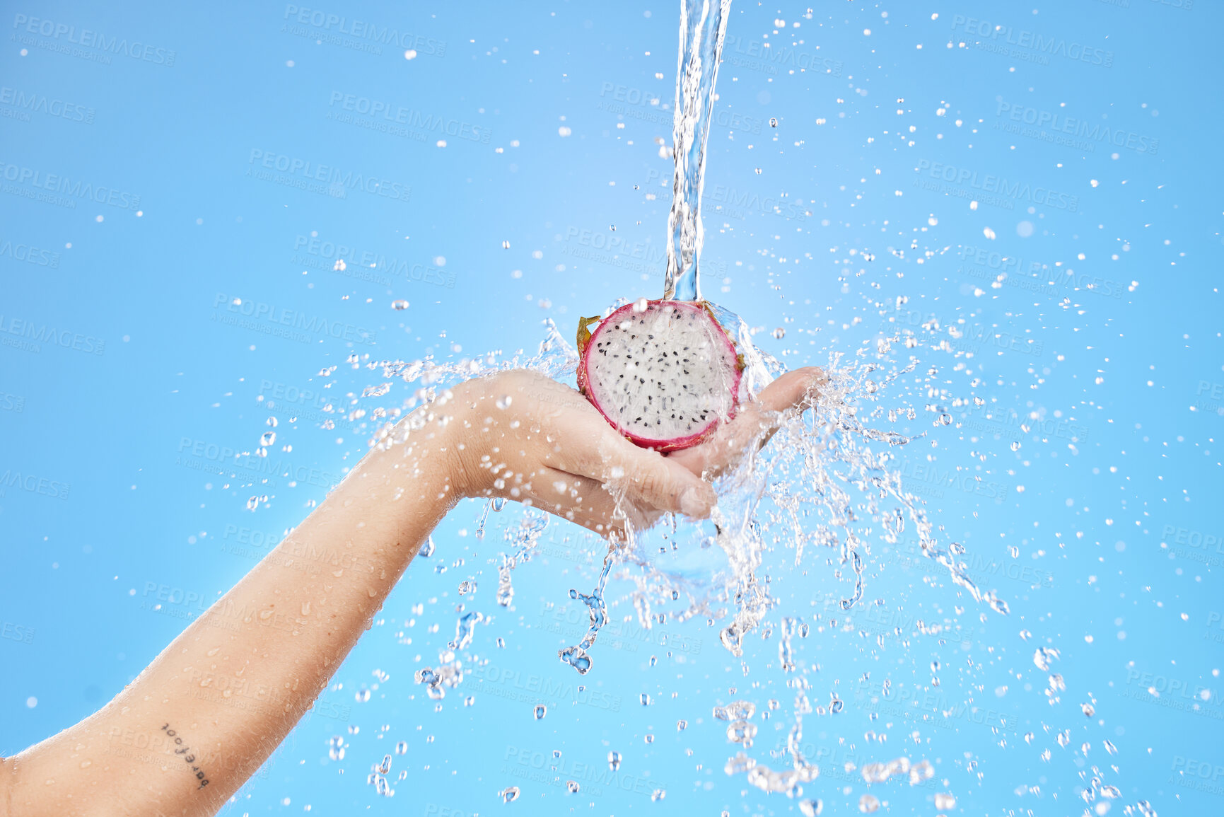 Buy stock photo Woman, hands and water splash for clean dragon fruit on blue background in studio for healthcare wellness, skincare diet or nutrition. Zoom, water drop and liquid motion on tropical pitaya for model