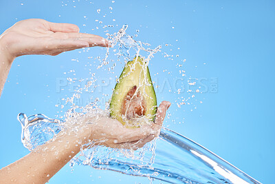 Buy stock photo Avocado, water splash and healthy food in studio for clean skincare, vegan diet and eco nutrition on blue background. Hands holding organic food, water splash and fruit wellness, detox and vitamins 