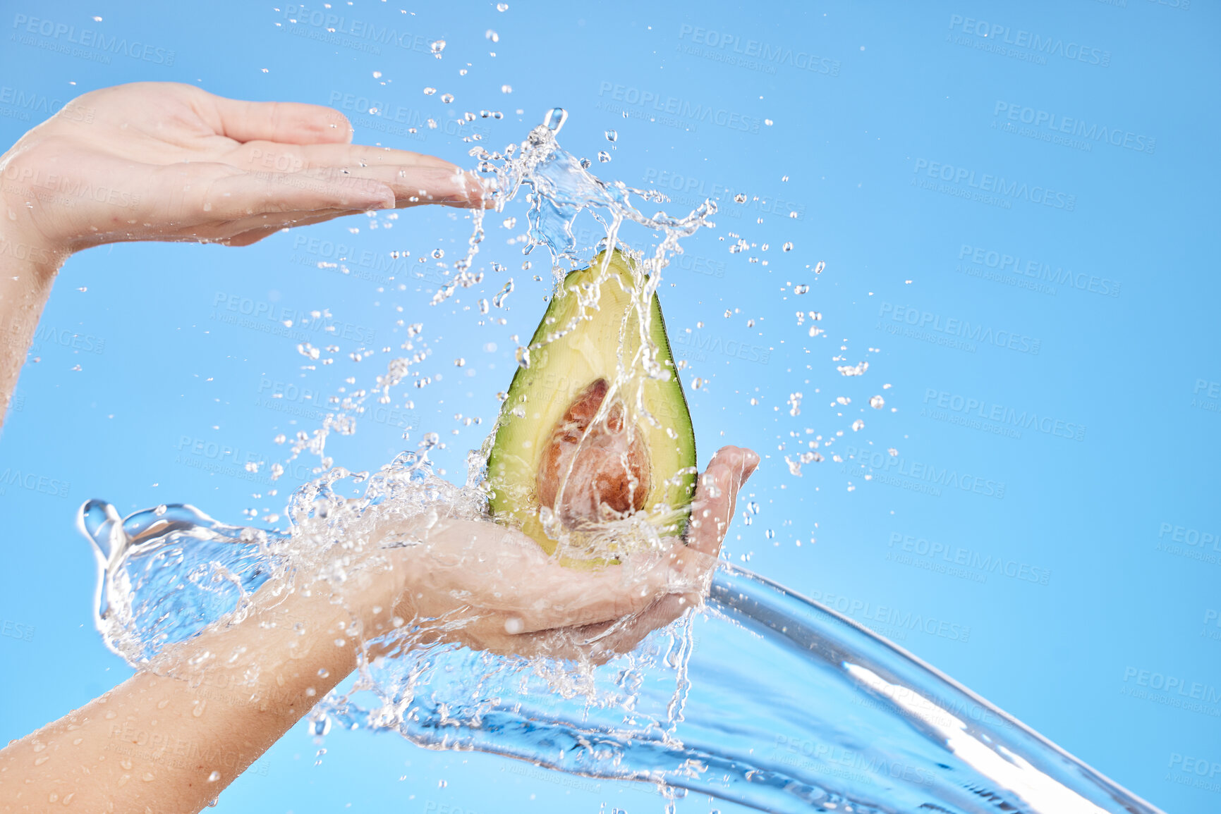 Buy stock photo Avocado, water splash and healthy food in studio for clean skincare, vegan diet and eco nutrition on blue background. Hands holding organic food, water splash and fruit wellness, detox and vitamins 