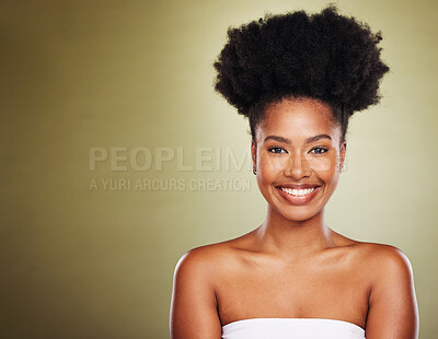 Buy stock photo Black woman afro, beauty smile and skincare for makeup cosmetics against a studio background. Portrait of African American female smiling in satisfaction or profile for cosmetic care or spa treatment