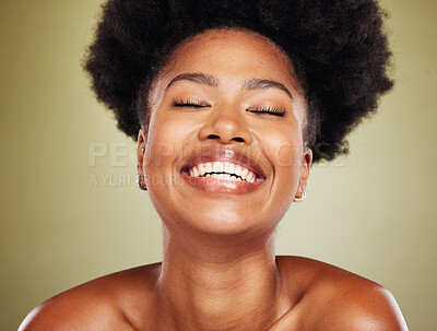 Buy stock photo Happy, smile or beauty black woman in studio for portrait, beauty or skincare glow with afro and white teeth. Skin, makeup or girl model with natural facial cosmetics, hair care or health wellness