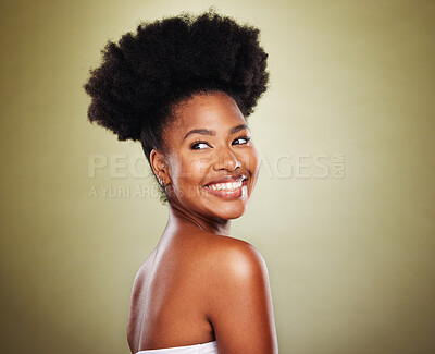 Buy stock photo Skincare, black woman and natural beauty in studio for wellness, healthy glow and hair growth on green background mockup for marketing. Happy young african woman model with cosmetics skin care shine