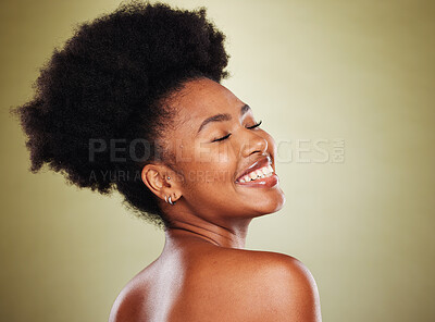 Buy stock photo Face, skincare and back of black woman with eyes closed in studio on green background mockup. Aesthetics, makeup and wellness of happy female model from Nigeria with healthy skin and natural beauty.