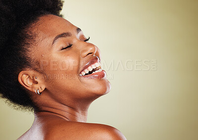Buy stock photo Beauty, skincare and black woman with a smile in a studio with a natural face routine with mockup space. Happy, cosmetics and African model with a facial treatment isolated by a green background.