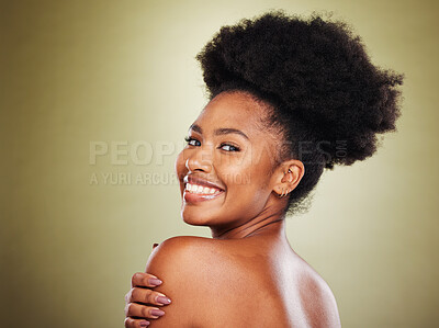 Buy stock photo Face portrait, skincare and back of black woman in studio on green background mockup. Makeup, aesthetics and wellness of happy female model from Nigeria with healthy, glowing skin and natural beauty.