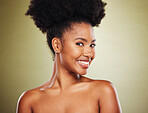 Black woman, afro hair or skincare face glow on green studio background in healthcare wellness, curly routine or dermatology. Portrait, smile or happy beauty model, natural hair or makeup cosmetics