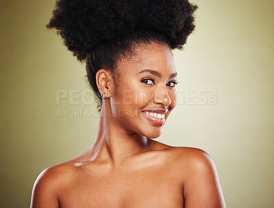 Buy stock photo Black woman, afro hair or skincare face glow on green studio background in healthcare wellness, curly routine or dermatology. Portrait, smile or happy beauty model, natural hair or makeup cosmetics