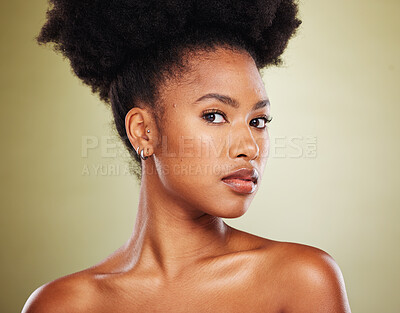 Buy stock photo Black woman, face or skincare glow and natural hair, healthcare wellness or dermatology treatment progress on green studio background. Portrait, beauty model or afro hair with facial makeup cosmetics