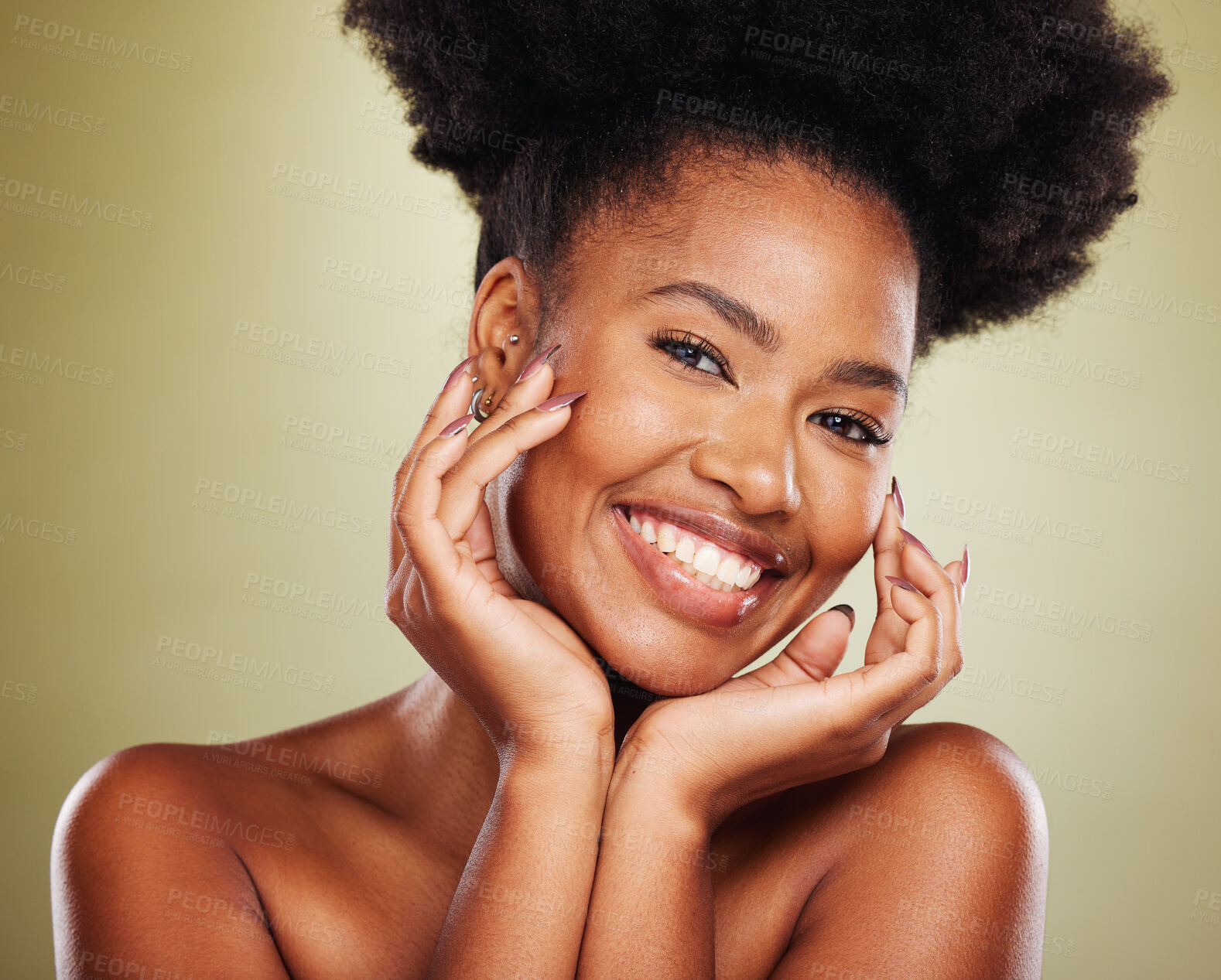 Buy stock photo Beauty, portrait and black woman with face, manicure and cosmetics skincare in green studio for youth wellness marketing. Young african model in headshot with smile for dermatology skin care health